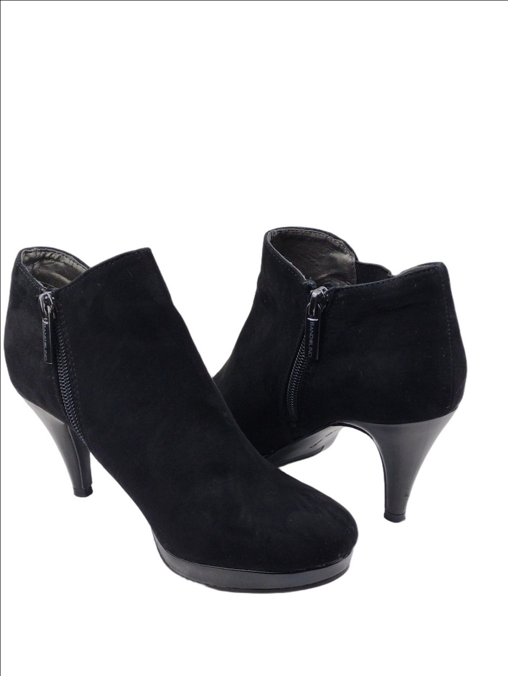 Bandolino Black Textile Suede Almond Toe Side Zip Heeled Platform Ankle Bootie